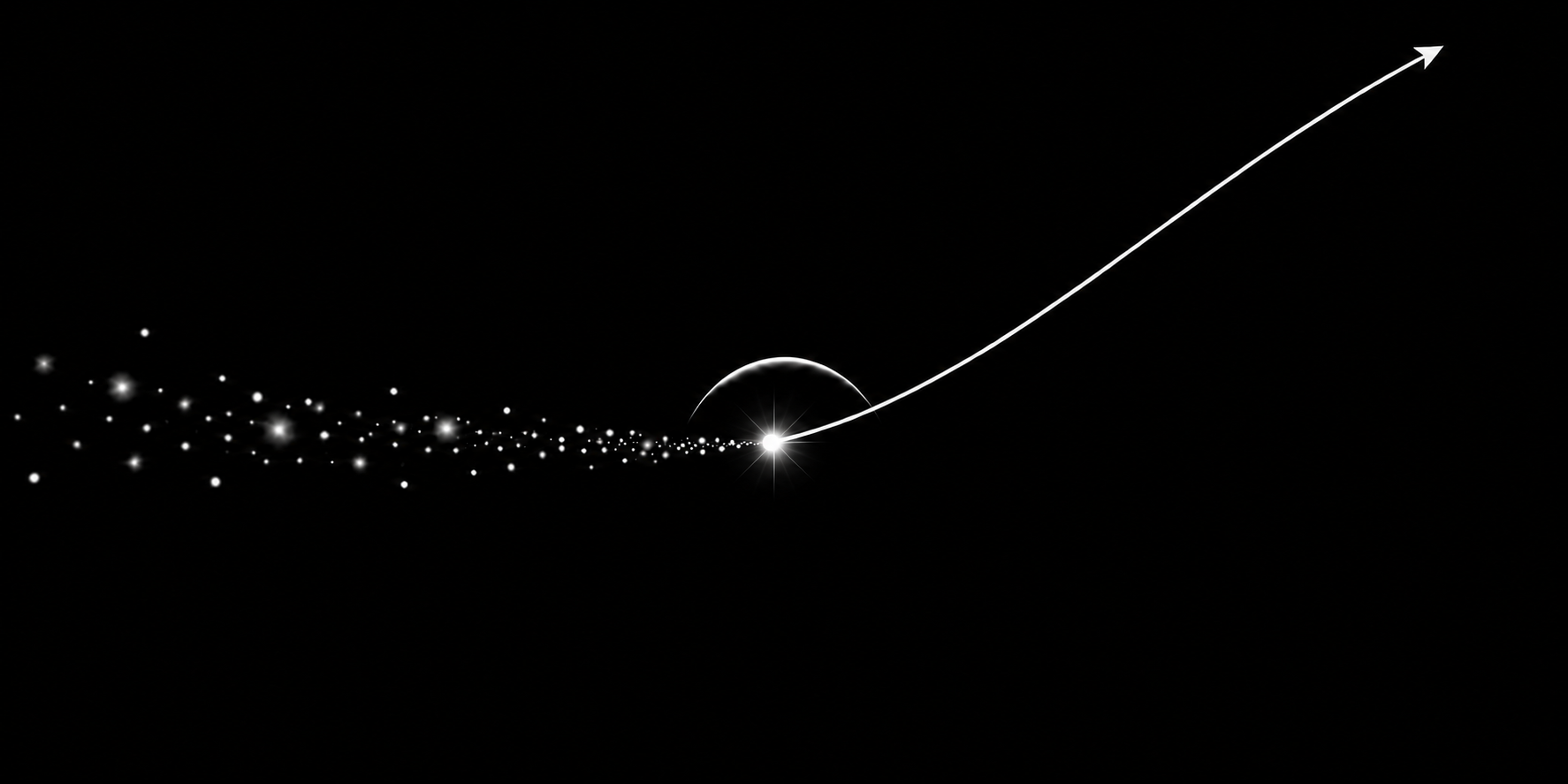Scattered possibilities converge beneath a new horizon and accelerate into a single upward trajectory.
